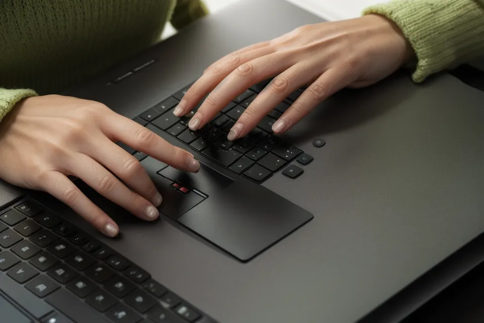 Mains d'une débutante en Python tapant du code de manipulation de chaînes de caractères, en autoformation à la maison.